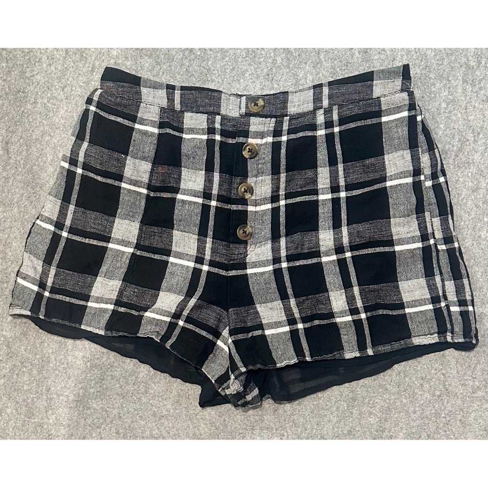 American Eagle Black White Plaid Cotton Linen Button Fly Shorts Womens Large